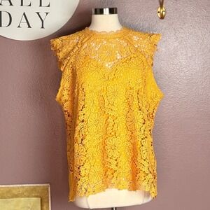 Adiva Womens Floral Lace Mock Neck Sleeveless Top Marigold Yellow XL NWT